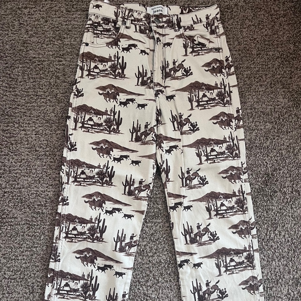 Reformation Women's White and Brown Western Print Jeans
